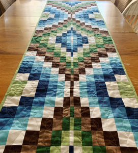 Bargello Table Runner Quilt in Blue, Green, and Brown