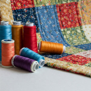 Spools of thread with a coordinating quilt