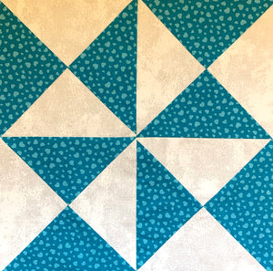Yankee Puzzle Quilt Block made in white and teal
