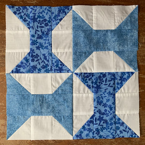Spool Quilt Block made in blue and white