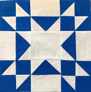 Amish Square Quilt Block made in solid white and royal blue polka dots