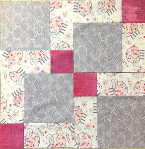 Disappearing Nine Patch Quilt Block in White, Grey, and Bright Pink