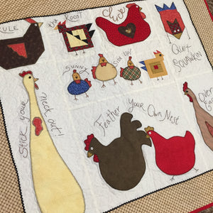 Chicken Chatter Quilt with lots of appliqued chickens and chicken sayings