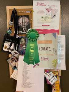 Quilting Inspiration Board or Vision Board - pin board with memorabilia, ribbons, and quilting info
