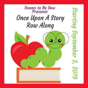 Once Upon a Story Row Along Logo with a book worm, apple, and book