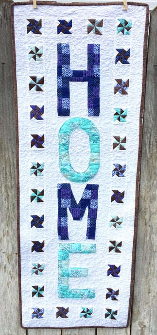 Love At Home Wall Hanging or Mini Quilt made in blue and teal green